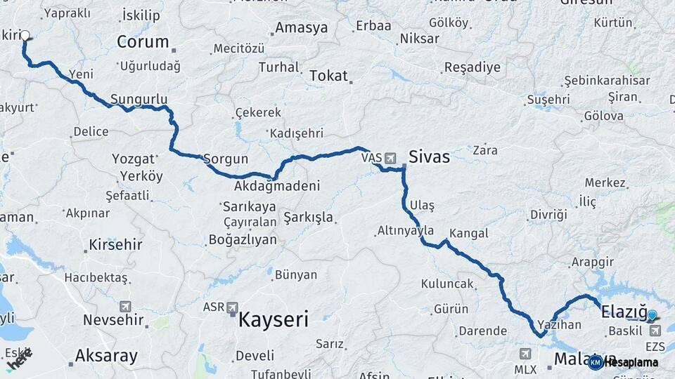 Elazığ Çankırı Arası Kaç Km - Yol Haritası