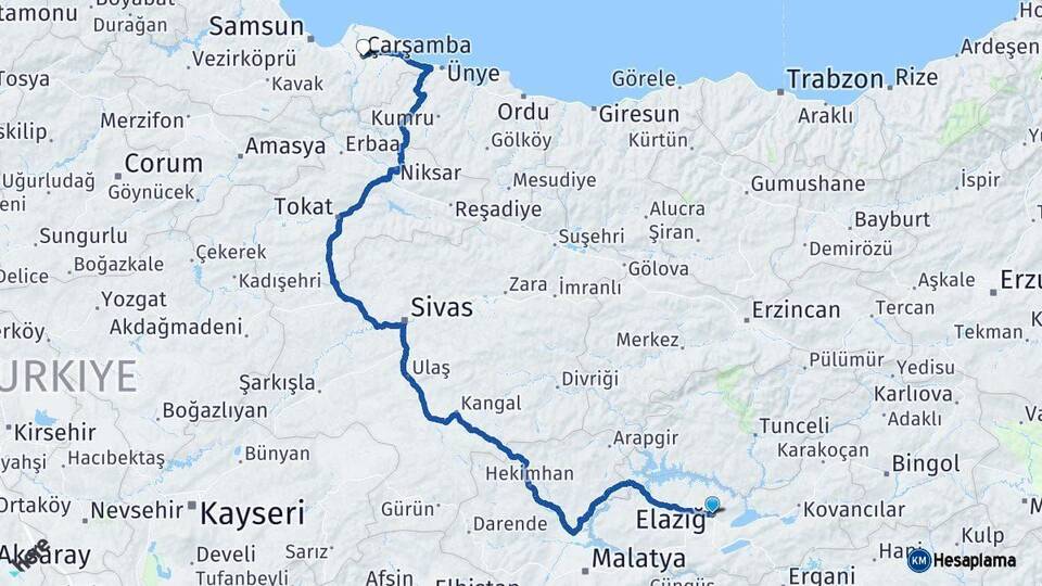 Elazığ Çarşamba Samsun Arası Kaç Km - Yol Haritası