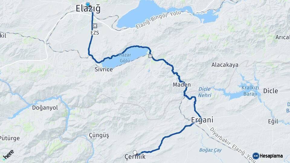 Elazığ Çermik Diyarbakır Arası Kaç Km - Yol Haritası