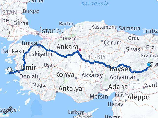 Elazığ Çeşme İzmir Arası Kaç Km - Yol Haritası