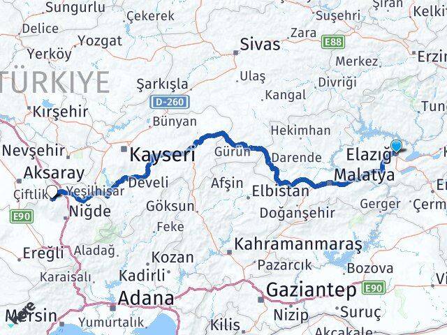 Elazığ Çiftlik Niğde Arası Kaç Km - Yol Haritası