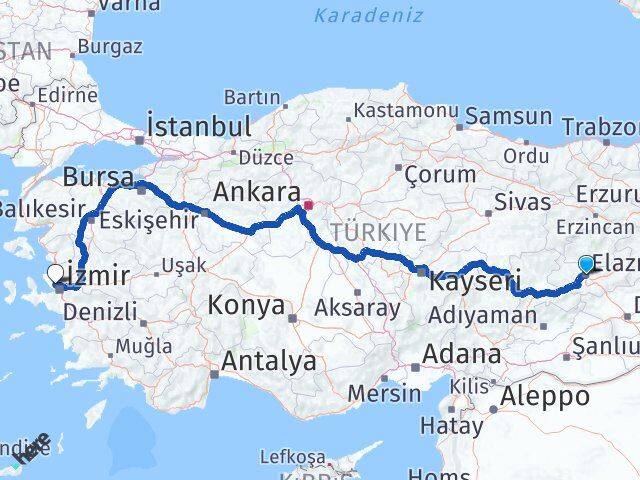 Elazığ Çiğli İzmir Arası Kaç Km - Yol Haritası