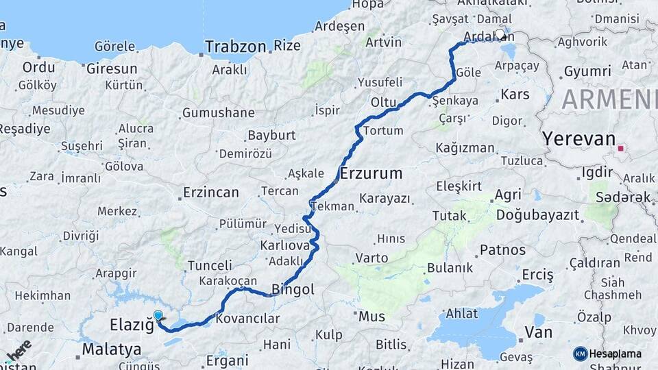 Elazığ Çıldır Ardahan Arası Kaç Km - Yol Haritası