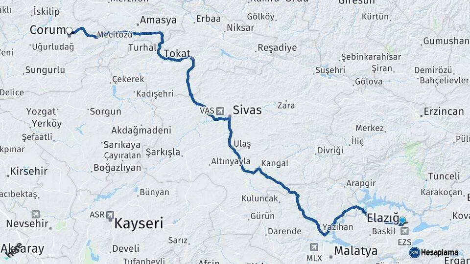 Elazığ Çorum Arası Kaç Km - Yol Haritası