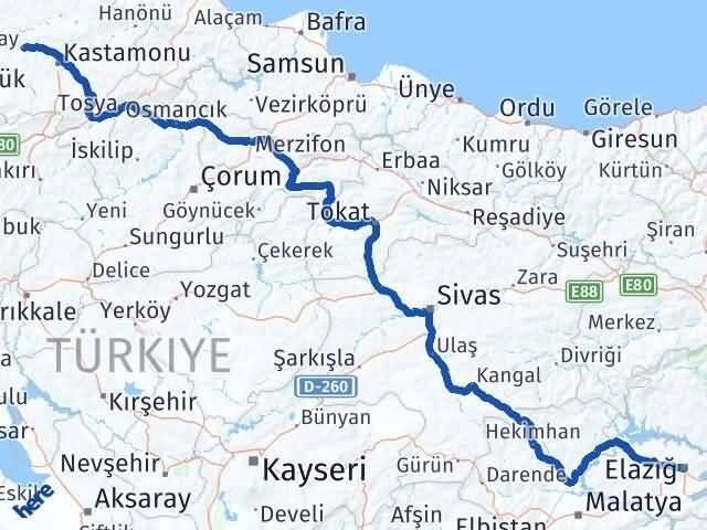 Elazığ Daday Kastamonu Arası Kaç Km - Yol Haritası