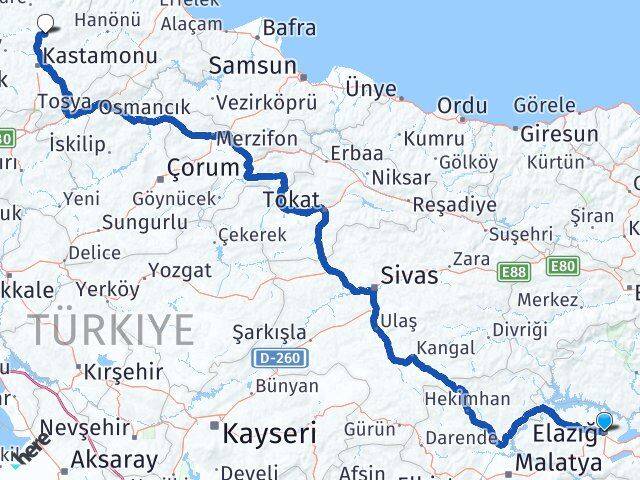 Elazığ Devrekani Kastamonu Arası Kaç Km - Yol Haritası