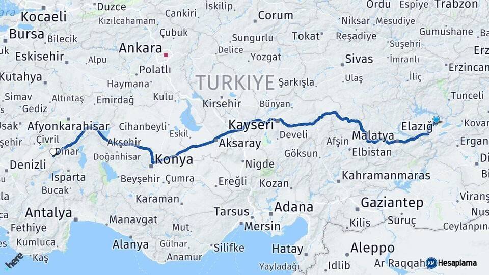 Elazığ Dinar Afyonkarahisar Arası Kaç Km - Yol Haritası