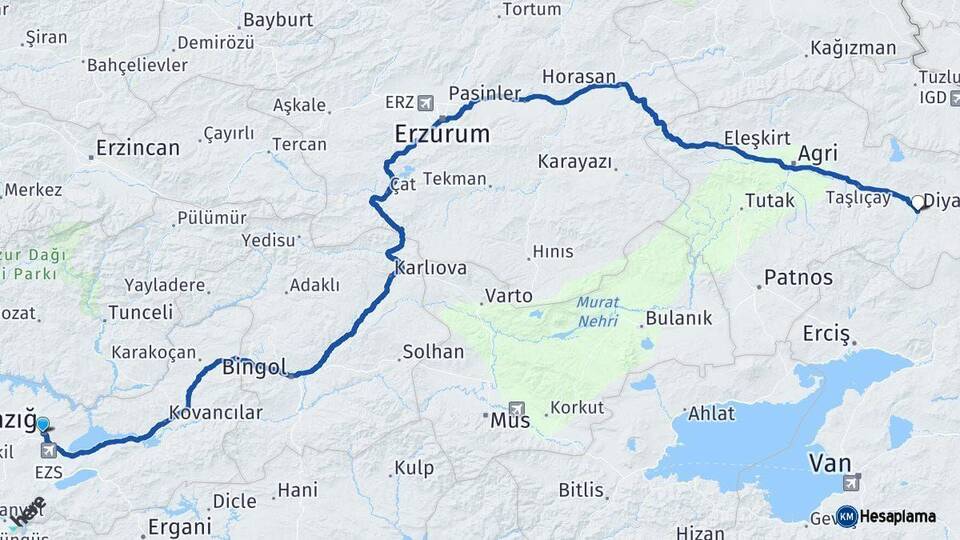 Elazığ Diyadin Ağrı Arası Kaç Km - Yol Haritası