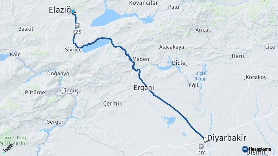 Elazığ Diyarbakır Arası Kaç Km - Yol Haritası