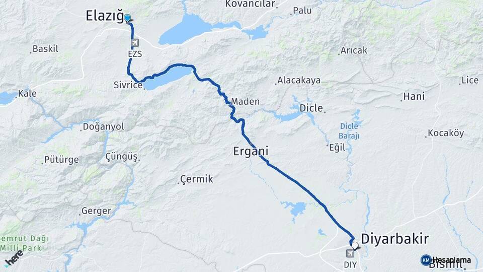 Elazığ Diyarbakır Havalimanı Arası Kaç Km - Yol Haritası
