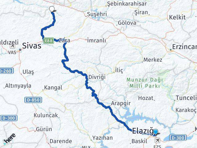 Elazığ Doğanşar Sivas Arası Kaç Km - Yol Haritası