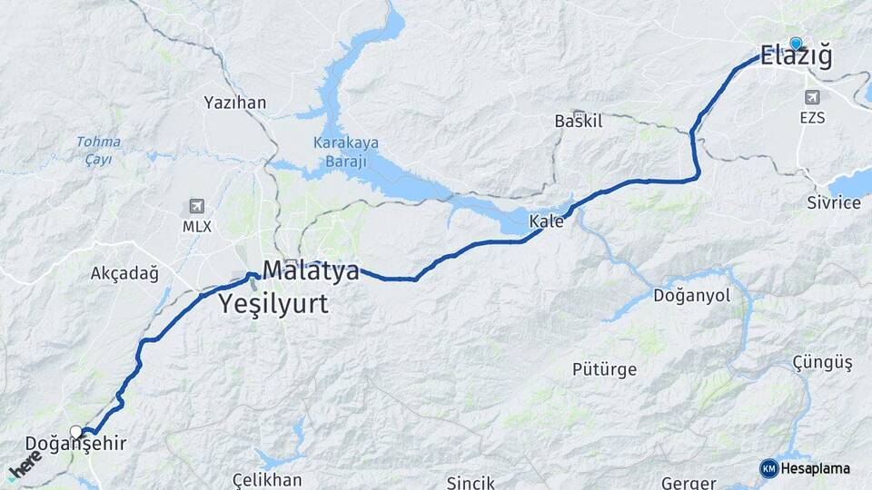 Elazığ Doğanşehir Malatya Arası Kaç Km - Yol Haritası