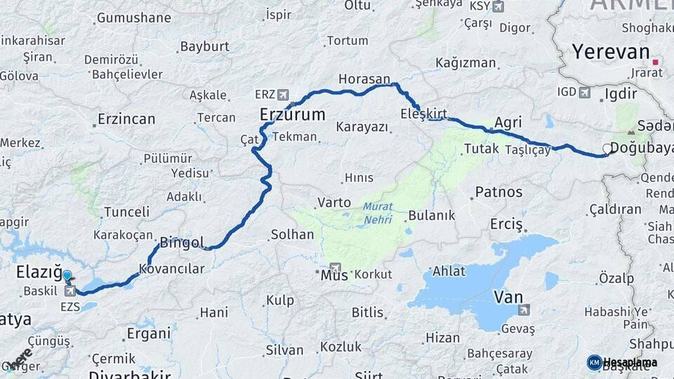 Elazığ Doğubayazıt Ağrı Arası Kaç Km - Yol Haritası