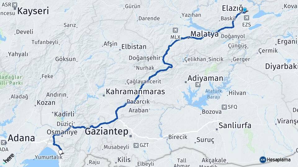 Elazığ Dörtyol Hatay Arası Kaç Km - Yol Haritası