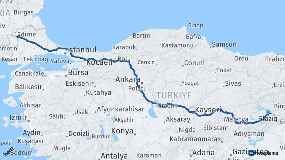 Elazığ Edirne Arası Kaç Km - Yol Haritası