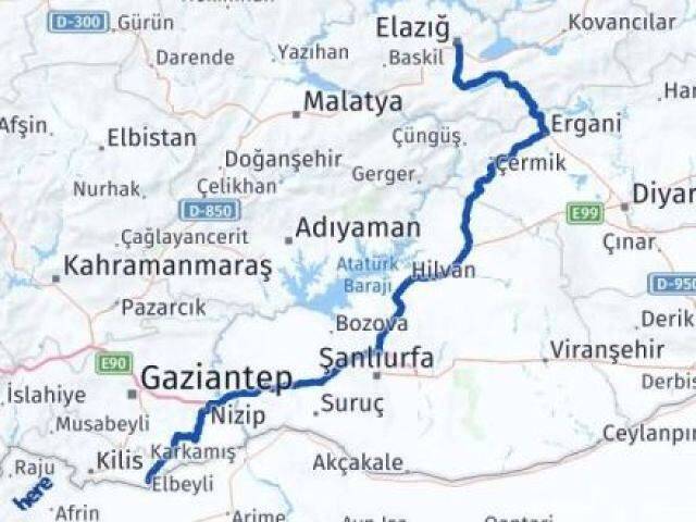 Elazığ Elbeyli Kilis Arası Kaç Km - Yol Haritası