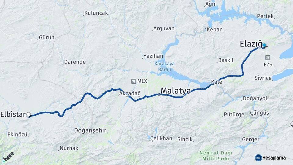 Elazığ Elbistan Kahramanmaraş Arası Kaç Km - Yol Haritası