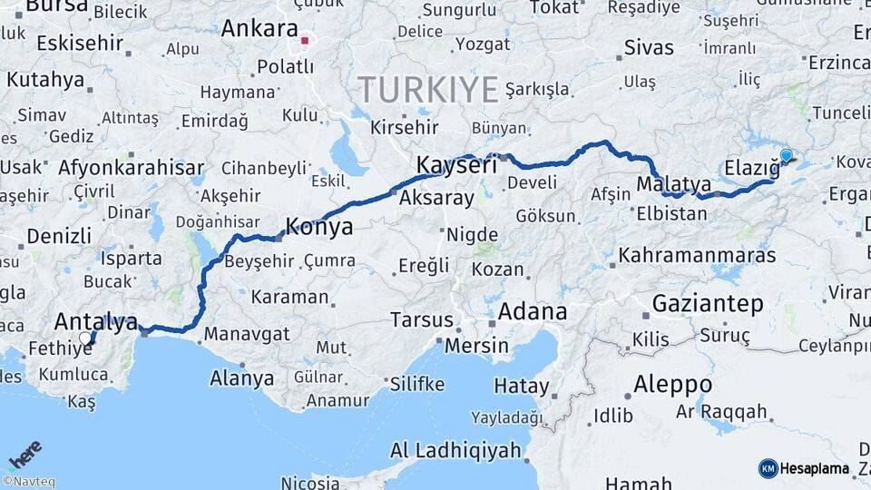 Elazığ Elmalı Antalya Arası Kaç Km - Yol Haritası