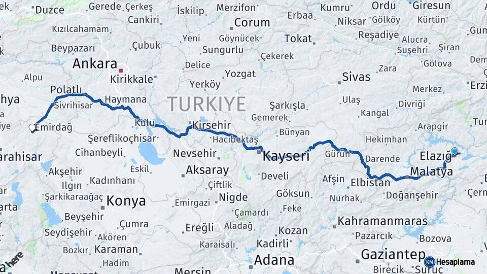 Elazığ Emirdağ Afyonkarahisar Arası Kaç Km - Yol Haritası