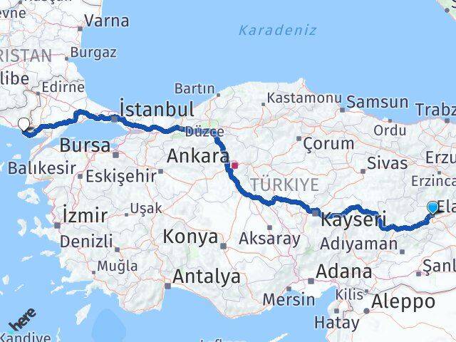 Elazığ Enez Edirne Arası Kaç Km - Yol Haritası