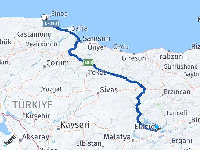 Elazığ Erfelek Sinop Arası Kaç Km - Yol Haritası