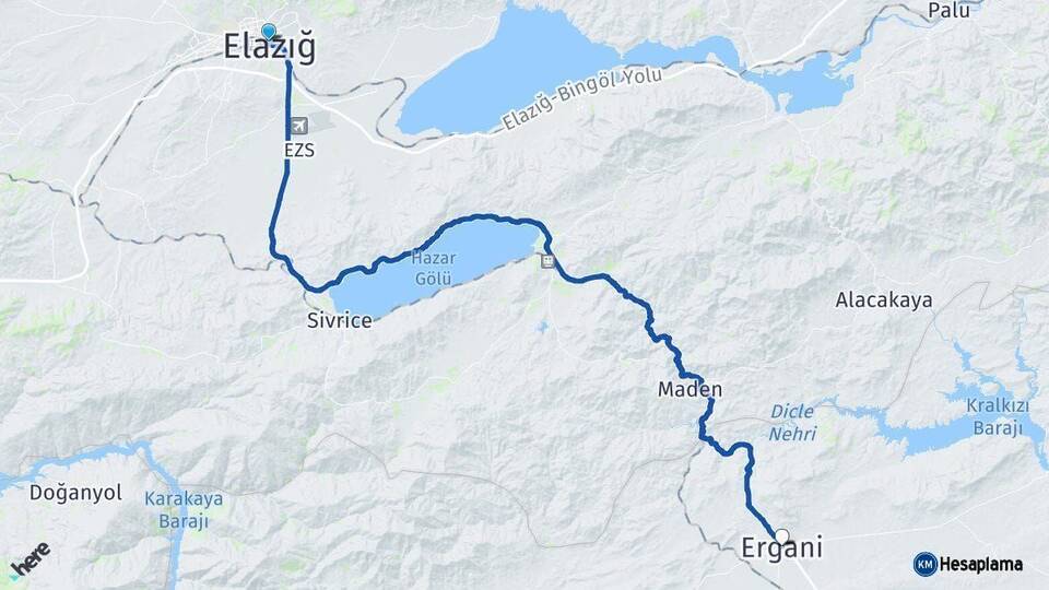 Elazığ Ergani Diyarbakır Arası Kaç Km - Yol Haritası