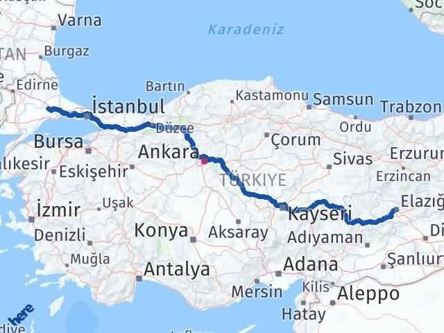 Elazığ Ergene Tekirdağ Arası Kaç Km - Yol Haritası