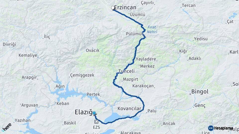Elazığ Erzincan Arası Kaç Km - Yol Haritası