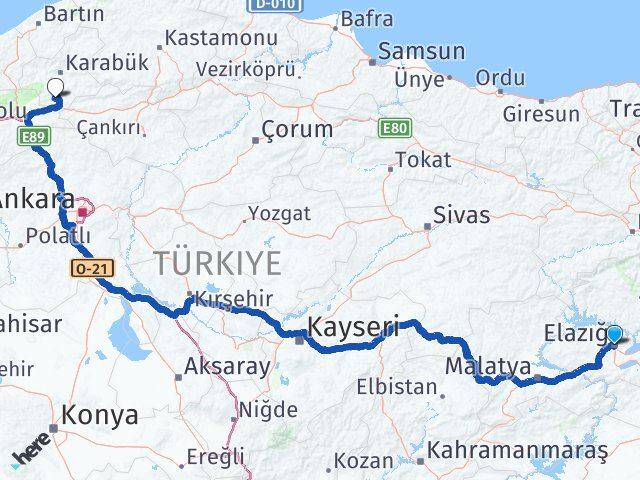 Elazığ Eskipazar Karabük Arası Kaç Km - Yol Haritası
