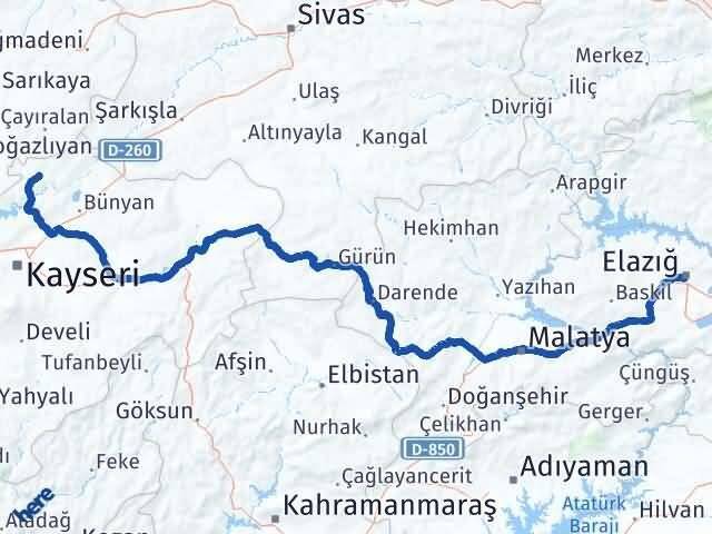 Elazığ Felahiye Kayseri Arası Kaç Km - Yol Haritası