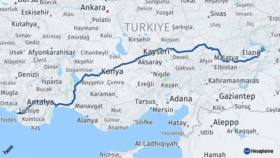 Elazığ Fethiye Muğla Arası Kaç Km - Yol Haritası