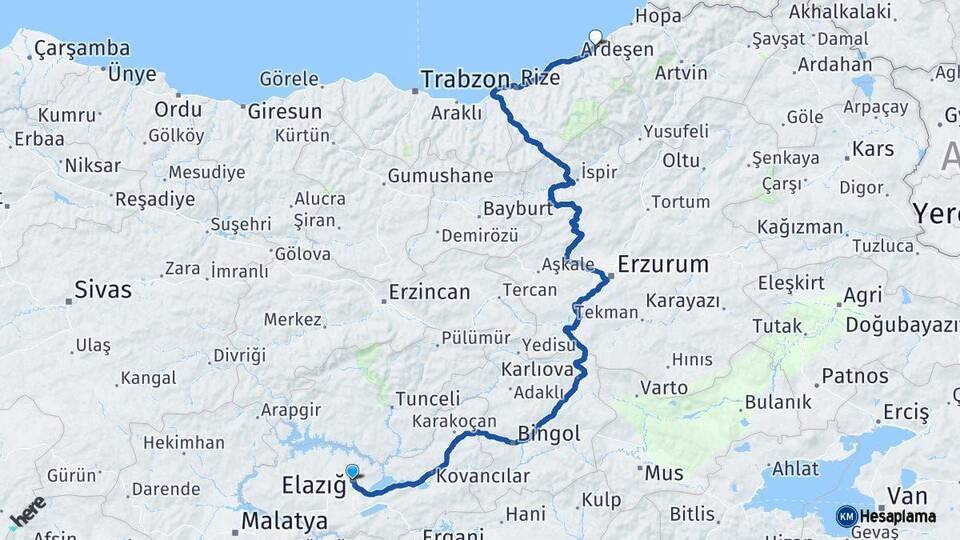 Elazığ Fındıklı Rize Arası Kaç Km - Yol Haritası