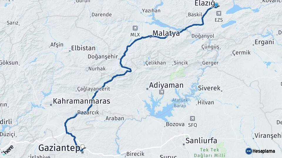 Elazığ Gaziantep Arası Kaç Km - Yol Haritası