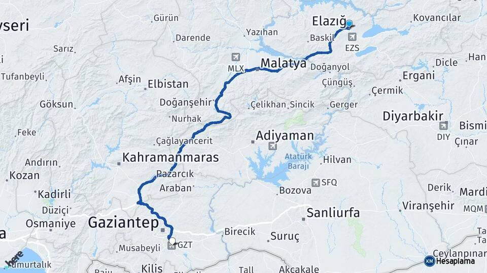 Elazığ Gaziantep Havalimanı Arası Kaç Km - Yol Haritası