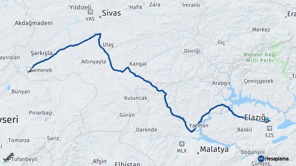 Elazığ Gemerek Sivas Arası Kaç Km - Yol Haritası