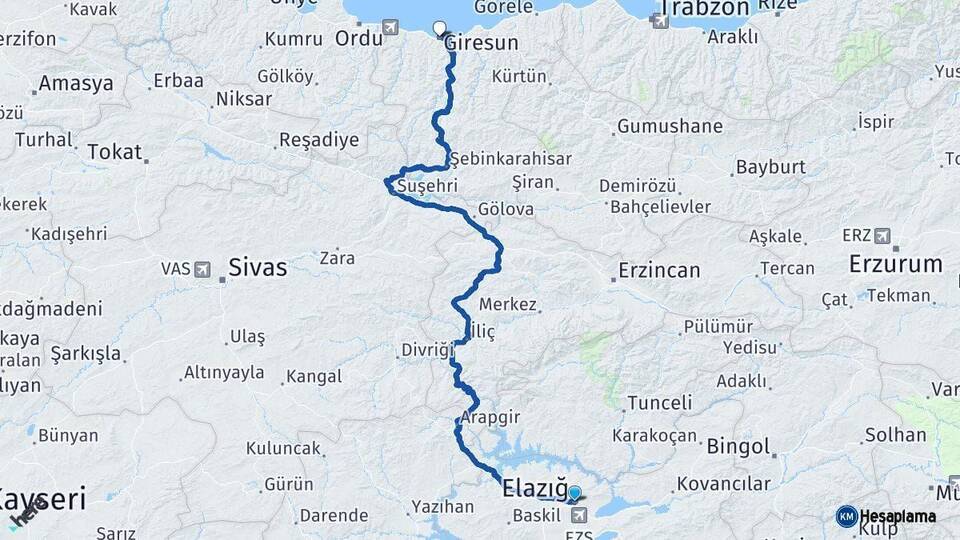 Elazığ Giresun Arası Kaç Km - Yol Haritası