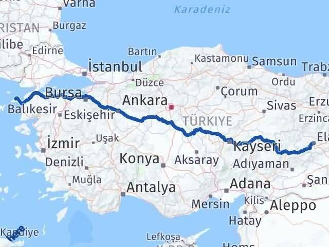 Elazığ Gökçeada Çanakkale Arası Kaç Km - Yol Haritası