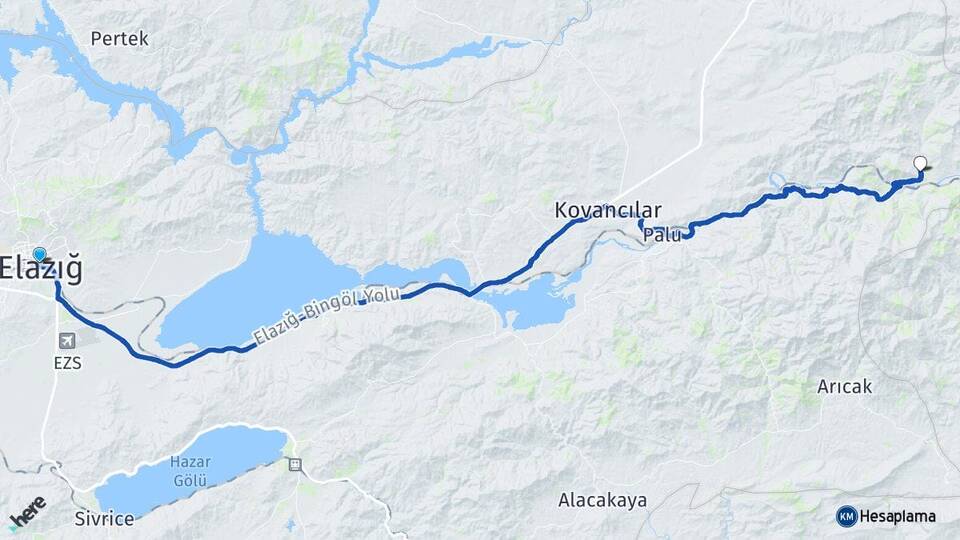 Elazığ Gökdere Palu Arası Kaç Km - Yol Haritası
