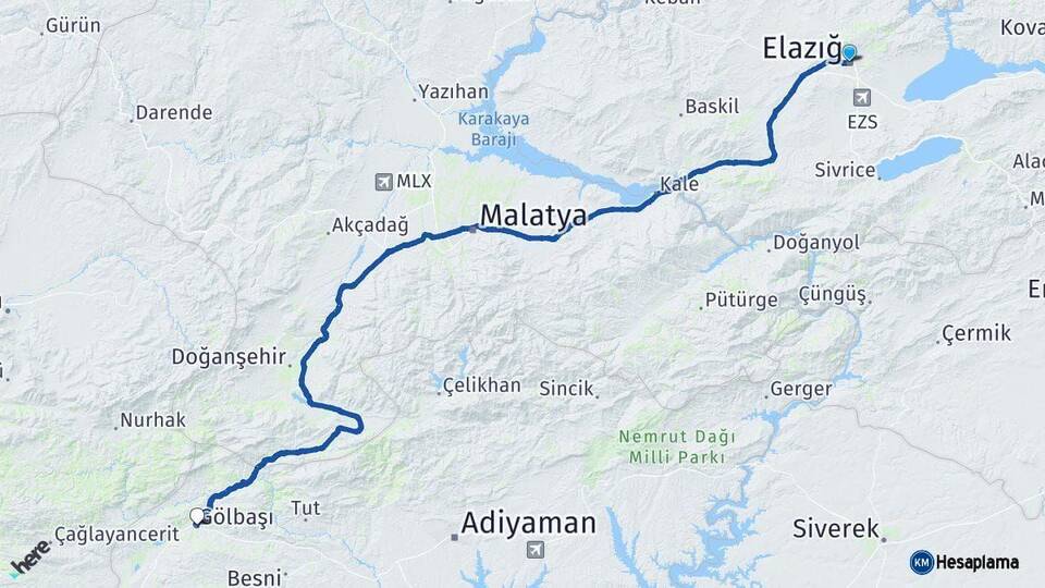 Elazığ Gölbaşı Adıyaman Arası Kaç Km - Yol Haritası
