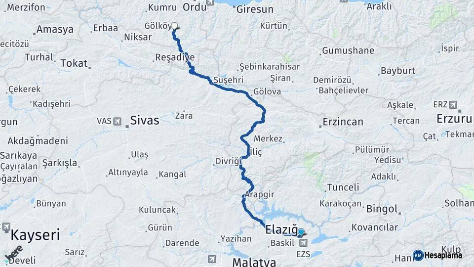 Elazığ Gölköy Ordu Arası Kaç Km - Yol Haritası