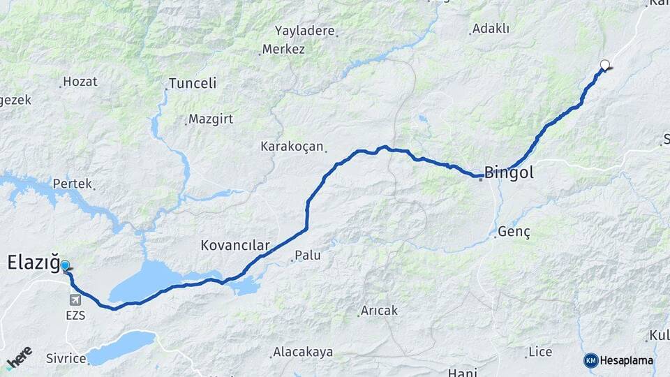 Elazığ Göynük Karlıova Bingöl Arası Kaç Km - Yol Haritası