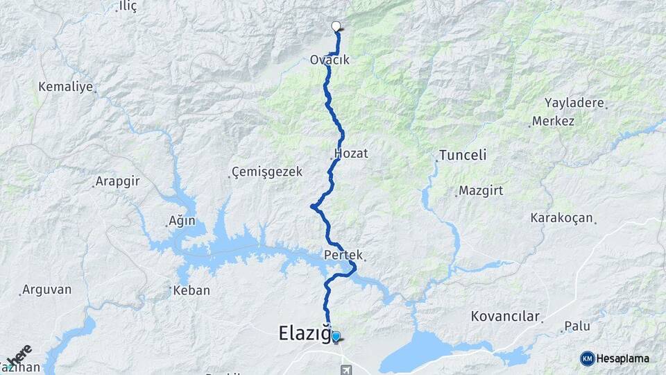 Elazığ Gözeler Ovacık Tunceli Arası Kaç Km - Yol Haritası