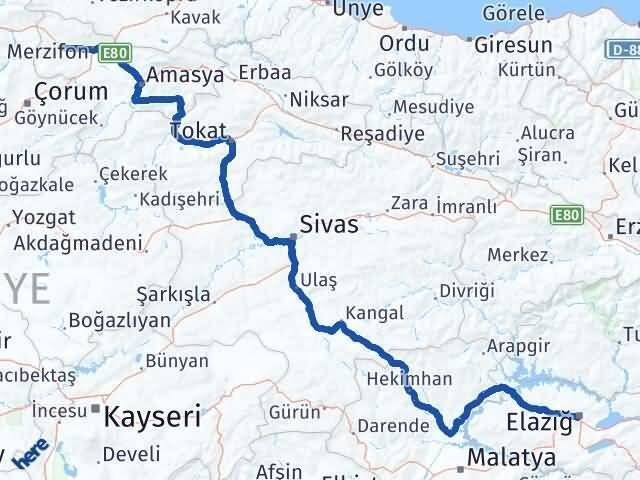 Elazığ Gümüşhacıköy Amasya Arası Kaç Km - Yol Haritası