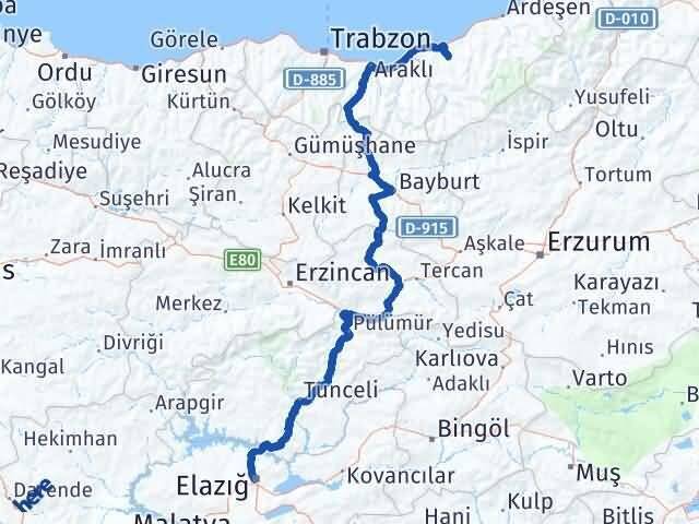 Elazığ Güneysu Rize Arası Kaç Km - Yol Haritası