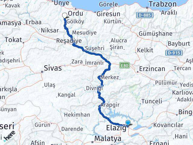 Elazığ Gürgentepe Ordu Arası Kaç Km - Yol Haritası