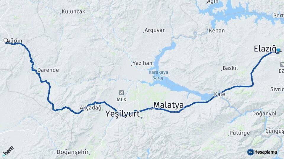 Elazığ Gürün Sivas Arası Kaç Km - Yol Haritası
