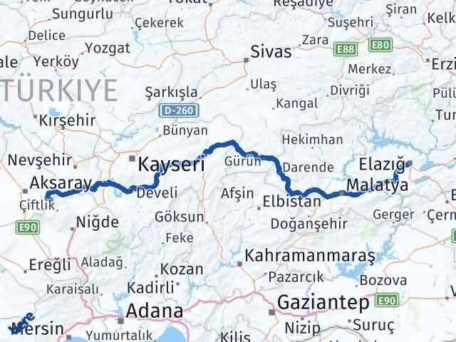 Elazığ Güzelyurt Aksaray Arası Kaç Km - Yol Haritası