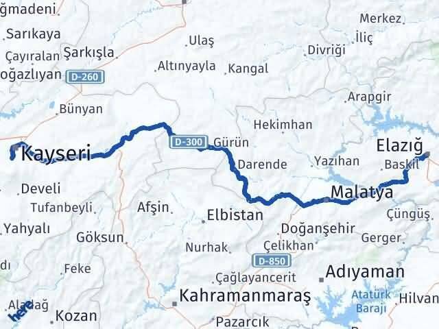 Elazığ Hacılar Kayseri Arası Kaç Km - Yol Haritası