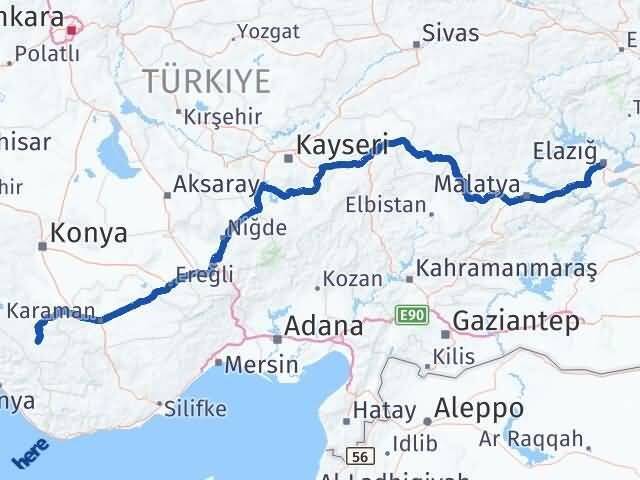 Elazığ Hadim Konya Arası Kaç Km - Yol Haritası