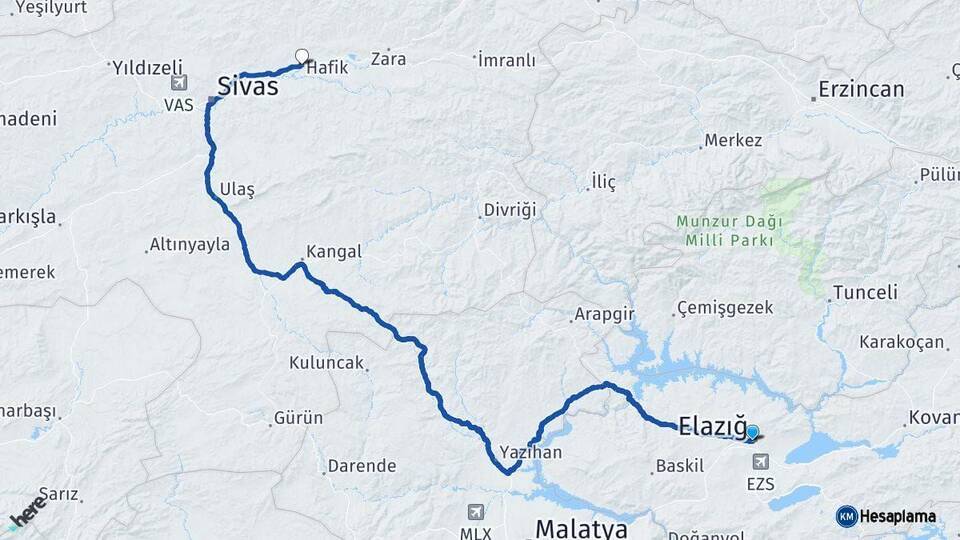 Elazığ Hafik Sivas Arası Kaç Km - Yol Haritası